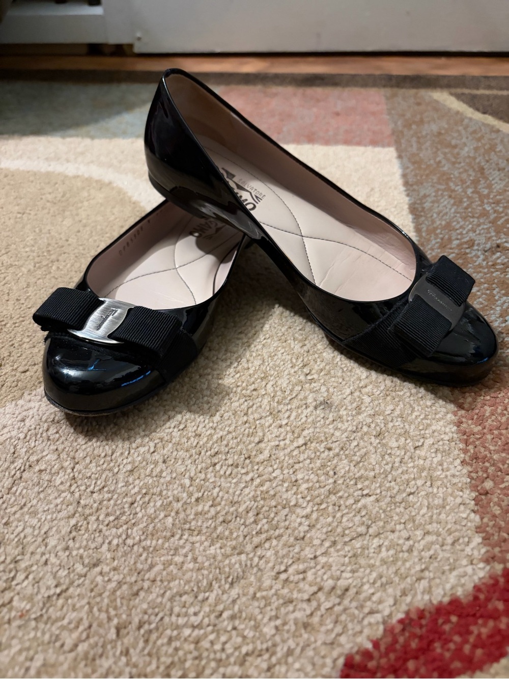 Salvatore Ferragamo Black Patent Vara Bow Flats